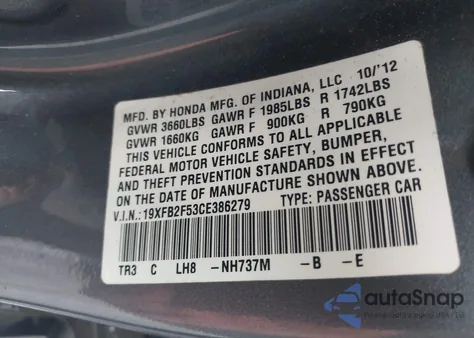 2012 Honda Civic Lx from USA, damaged, VIN 19XFB2F53CE386279